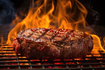beef ribeye steak grilling on flaming grill
