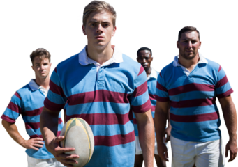 Digital png photo of diverse male rugby players with rugby ball on transparent background