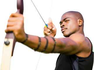 Digital png photo of biracial male archer holding bow and arrow on transparent background