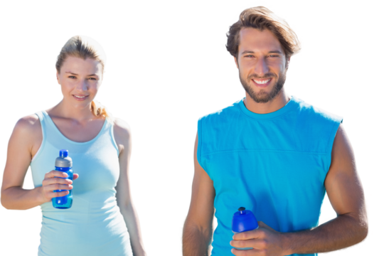 Digital png photo of caucasian sports couple with bottles of water on transparent background