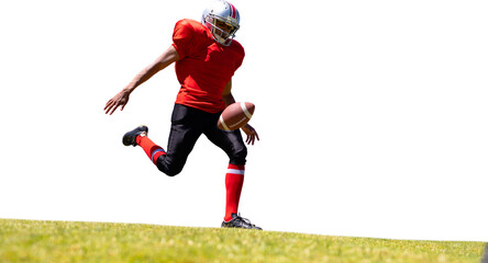 Digital png photo of biracial male american football player kicking ball on transparent background