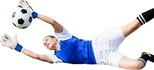 Digital png photo of caucasian female goalkeeper catching football on transparent background