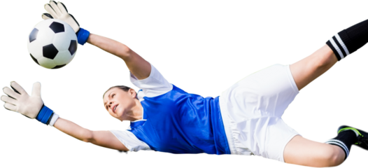 Digital png photo of caucasian female goalkeeper catching football on transparent background
