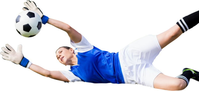 Digital png photo of caucasian female goalkeeper catching football on transparent background - Powered by Adobe