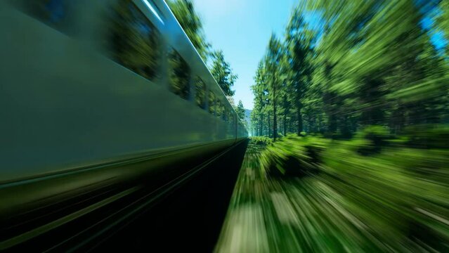 High Speed Bullet Train Racing Through a Beautiful Green Forest Landscape