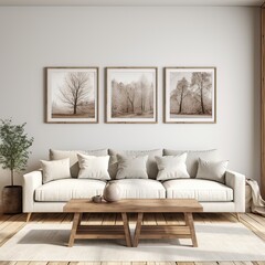 Modern Living Room Interior with Three Canvas Frames Mockup