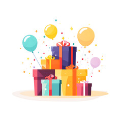 A group of presents, tied up with colorful ribbons, surrounded by cheerful balloons! Whether it's a birthday, holiday or special occasion, these gifts are sure to bring joy! Created with AI.