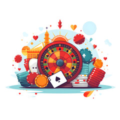 A vibrant illustration of a casino full of excitement and fun. Bright lights, slot machines, and tables fill the room, calling out to be explored. Take a chance and see what luck awaits! Created by AI