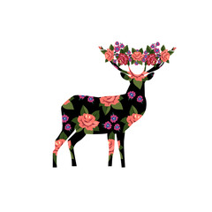 Beautiful  deer with big horns are decorated with flowers  and ethnic elements. Vector concept illustration. Spirit of spring, beauty, nature care. 