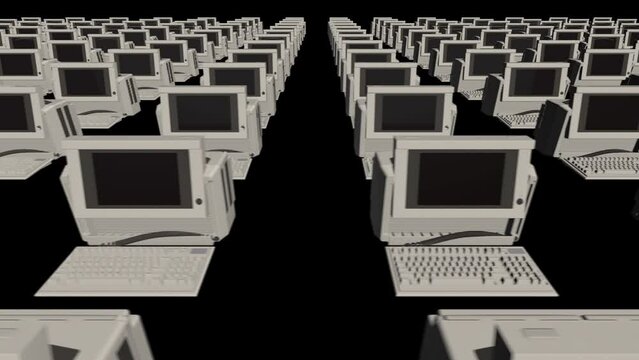 Infinite Symmetrical Rows of Retro PC Computers with Screens and Keyboard - 3D Animation