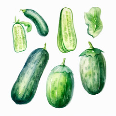 cucumber set watercolor on a white background created with Generative Ai