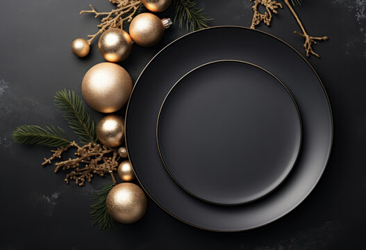 Overhead view of a luxury festive christmas meal dinner plate with decorations