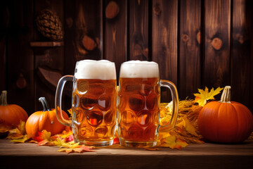 Oktoberfest beer festival background with ale and autumn elements
