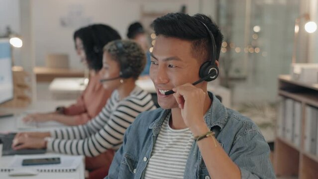 Call center, virtual assistant or face of Asian man consulting in telecom, customer service or communication. Happy, portrait or sales agent explaining on mic headset at crm or technical support