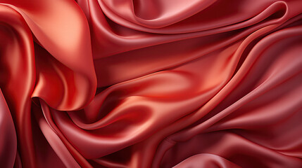 Red silk satin. Curtain. Luxury background for design. Soft folds. Shiny smooth flowing fabric. Wavy. Christmas, Valentine, Valentine's day, anniversary, awarding, festive.