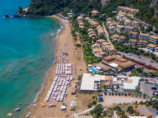 Aerial drone view of glyfada beach in corfu island greece - obrazy, fototapety, plakaty