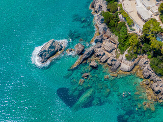 Aerial drone view of glyfada beach in corfu island greece