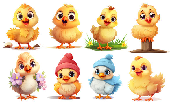 set of cute chicken Clipart Sticker isolated, generated ai