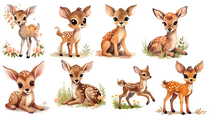 set of cute Deer Fawn isolated Clipart, Illustration, generated ai