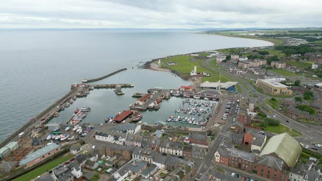 Aerial drone video of the harbour in Arbroath Scotland