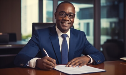 Portrait of young African businessman in shirt, man smiling and looking at camera at workplace inside office, accountant with calculator behind paper work signing contracts and financial reports - obrazy, fototapety, plakaty