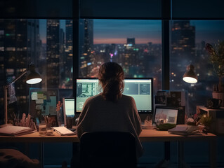 A woman who stays alone in the office and works overtime. Generative AI