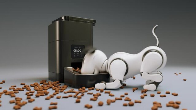 Cute 3D rendering of robotic dog trying to eat from automatic feeder. Technology