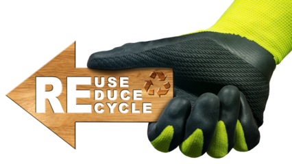 Manual worker with work gloves holding a wooden directional sign with text Reuse, Reduce and Recycle. Isolated on white or transparent background. Sustainable Resources concept. Png.