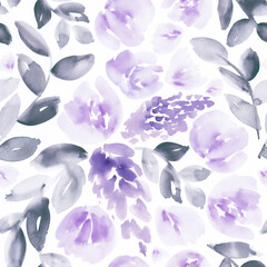 Watercolor floral in violet and gray. Seamless pattern. - 622596343
