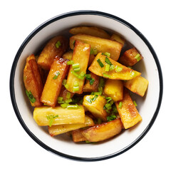 French fries close-up in a bowl with garlic and herbs