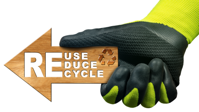 Manual worker with work gloves holding a wooden directional sign with text Reuse, Reduce and Recycle. Isolated on white or transparent background. Sustainable Resources concept. Png.