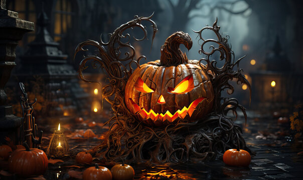 Halloween, sinister pumpkin head-lantern, against the backdrop of nature.