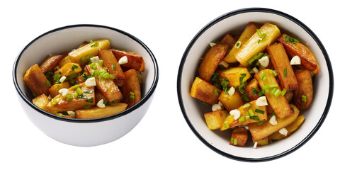 French fries close-up in a bowl with garlic and herbs