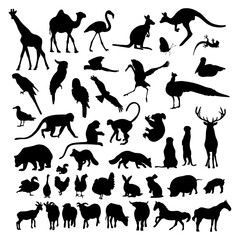 Big collection silhouettes animals and birds. Vector illustration. Isolated hand drawings on white background for design