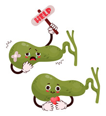 Cute cartoon character gallbladder. Human organ with different emotions. Happy and sad, cries and asks for help. Vector illustration. Concept health and disease, pain