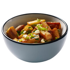 French fries close-up in a bowl with garlic and herbs