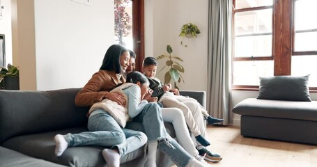 Relax, happy and watching tv with family on sofa for streaming, movie and comedy. Television, technology and subscription with parents and children in living room at home for news, love and lounge - Powered by Adobe