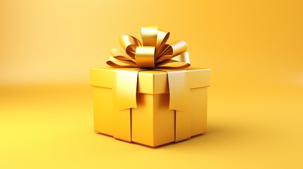 Gift box gold and bow on yellow background