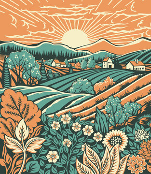Fields Rolling Hills Farm Land Flowers Background