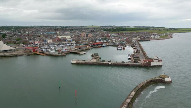 Aerial drone video of the harbour in Arbroath Scotland