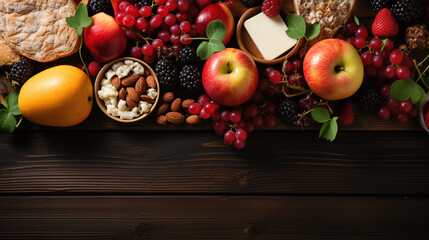 Healthy breakfast ingredients, food frame. Granola, egg, nuts, fruits, berries, toast, milk, yogurt, orange juice, cheese, banana, apple on light grey concrete background, top view, copy space. Banner