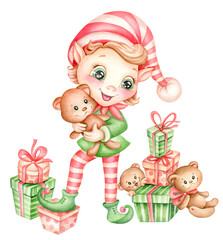 Cute Christmas elf with gifts and teddy bear toys. Watercolor cartoon illustration Santa's little helper and holiday presents isolated on white background. Merry Christmas and Happy New Year cards