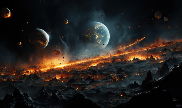 Galactic fantasy landscape. Fiery landscape of the planet.