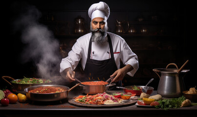 cooking, profession and people concept - happy male indian chef in toque with crossed arms over restaurant kitchen background - obrazy, fototapety, plakaty