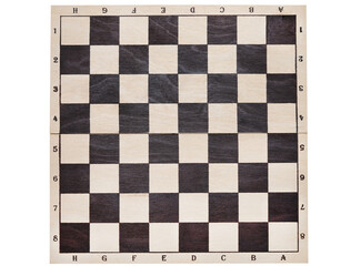 A chess board without pieces isolated on a white background. View from above. Flat Lay.