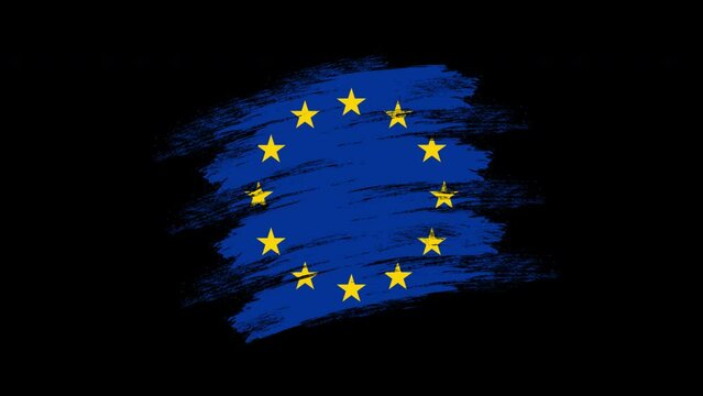 4K Paint Brush European Union Flag with Alpha Channel Stock Video. Waving Brushed EU Banner. Transparent Background Texture Fabric Pattern High Detail.