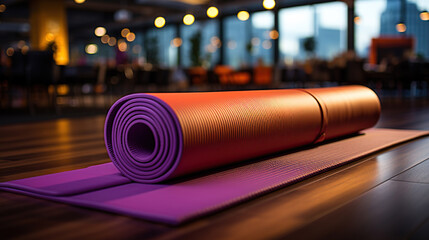 Gym with yoga mat on the floor. - obrazy, fototapety, plakaty