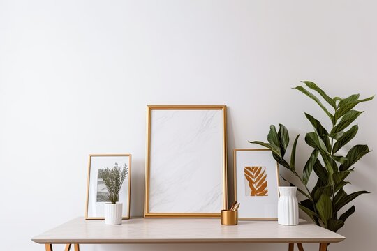 a table with an empty picture frame on a white background serving as a product display. Generative AI