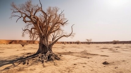 Dry tree in the desert against the background of the sunset, the concept of global warming. Generative artificial intelligence.