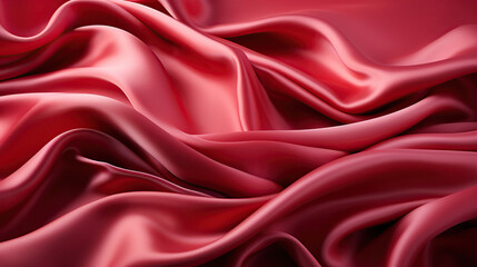 Red silk satin. Curtain. Luxury background for design. Soft folds. Shiny smooth flowing fabric. Wavy. Christmas, Valentine, Valentine's day, anniversary, awarding, festive.